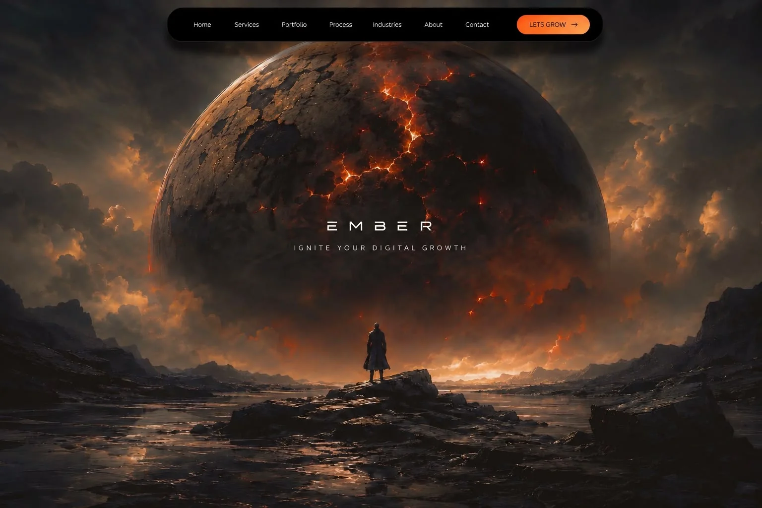 EMBER homepage hero — cinematic volcanic planet rising over a dark landscape with the EMBER brand, tagline and navigation baked into the scene